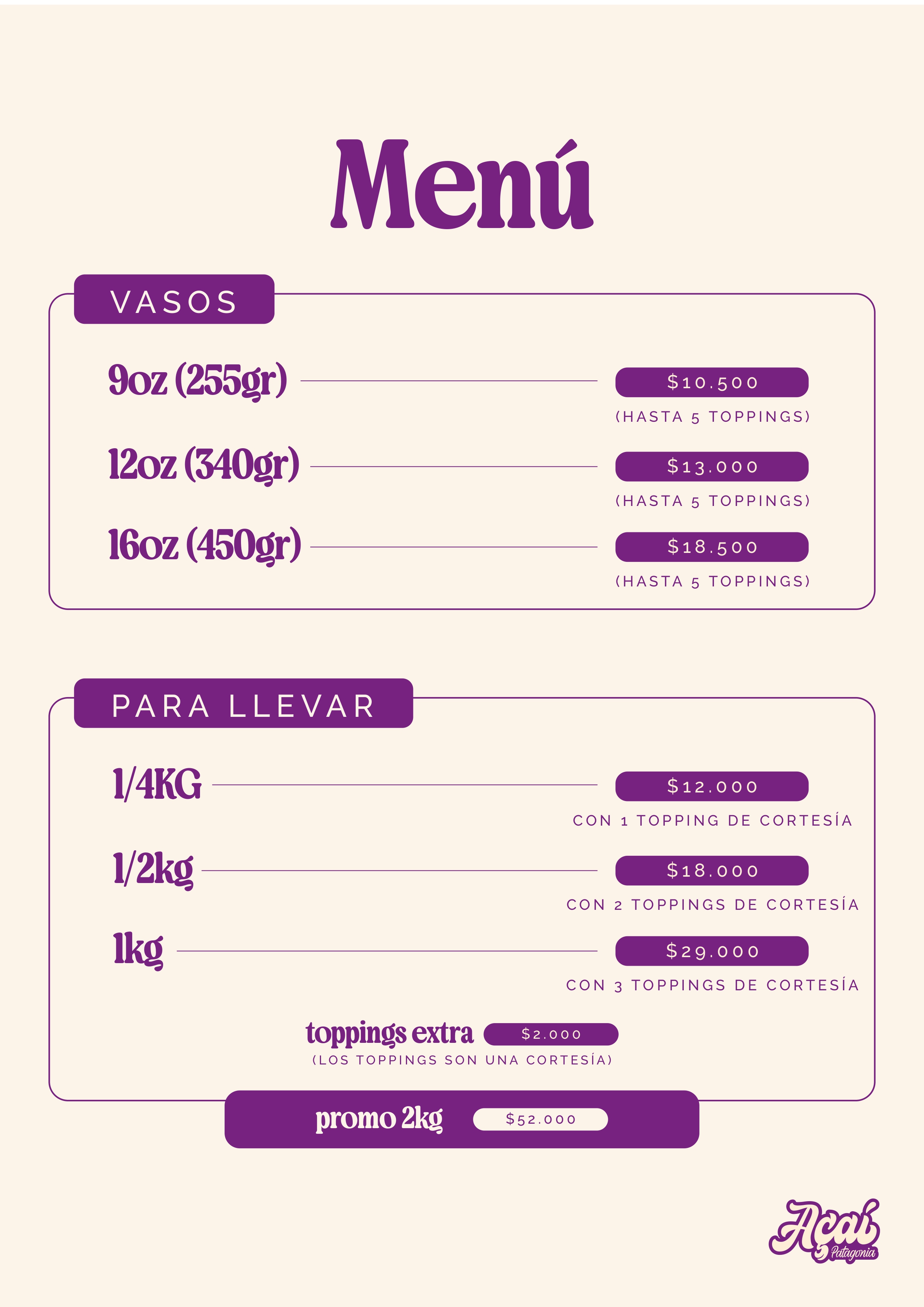 Menú precios Açaí Patagonia