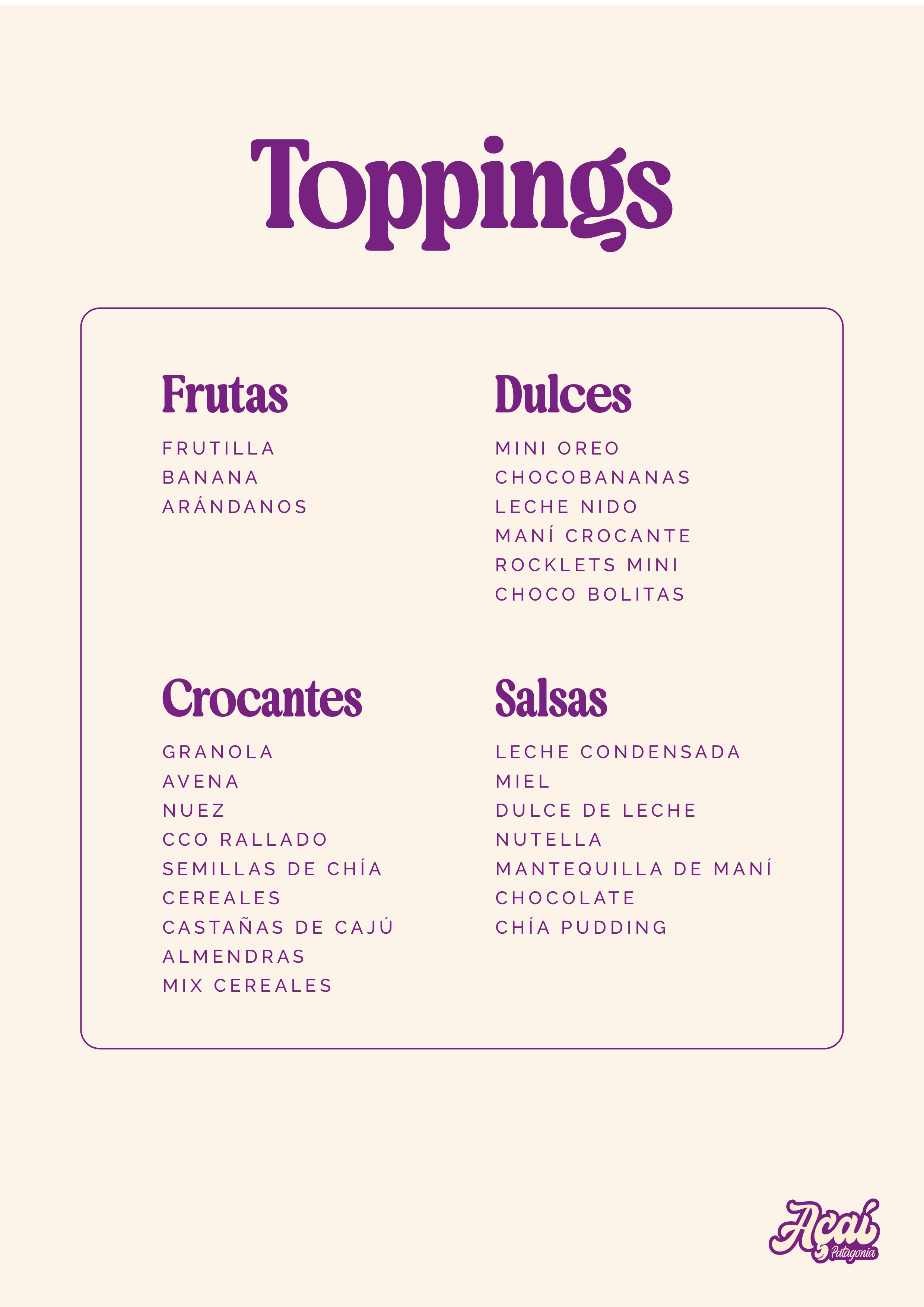 Menú toppings Açaí Patagonia