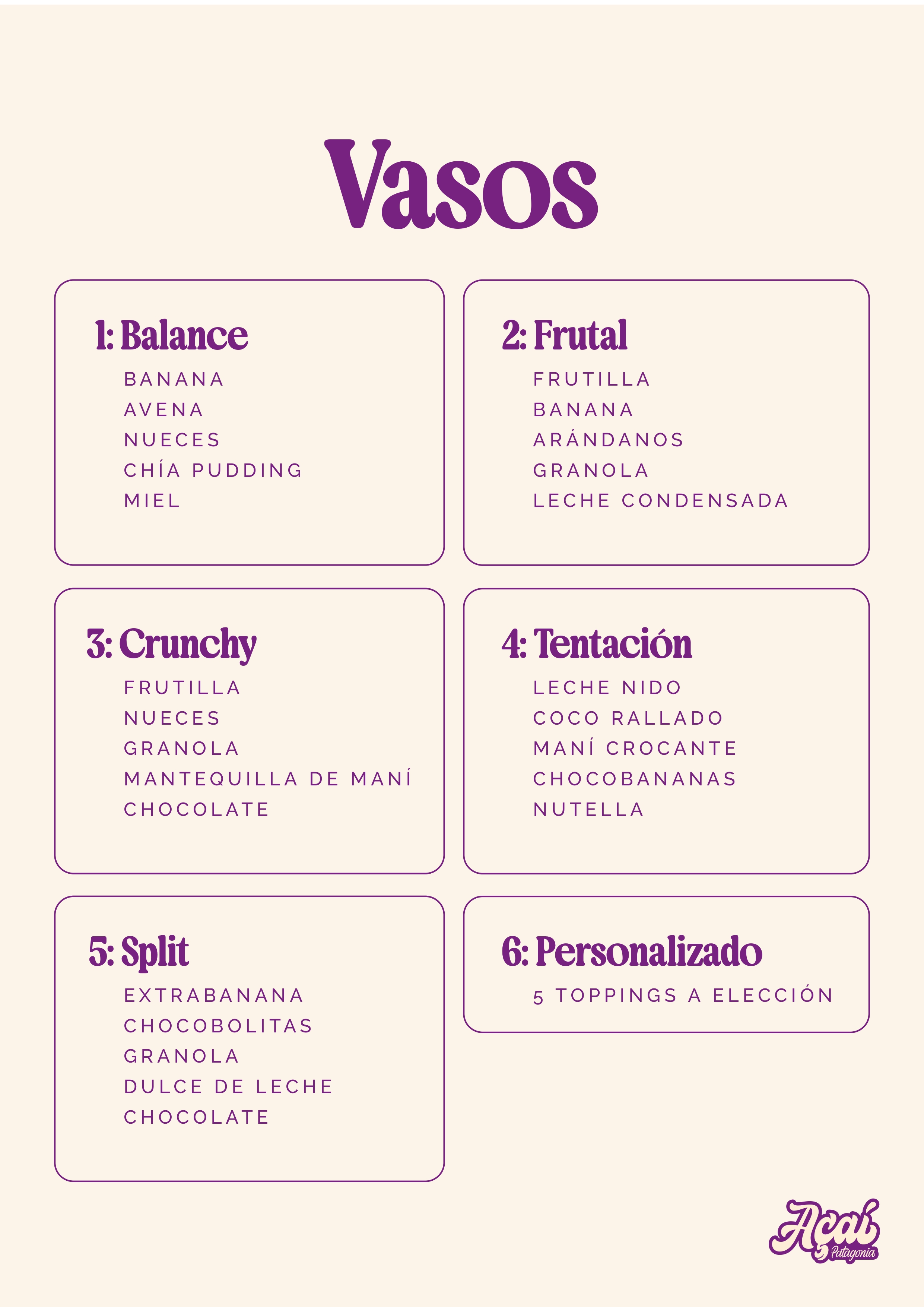 Menú vasos Açaí Patagonia